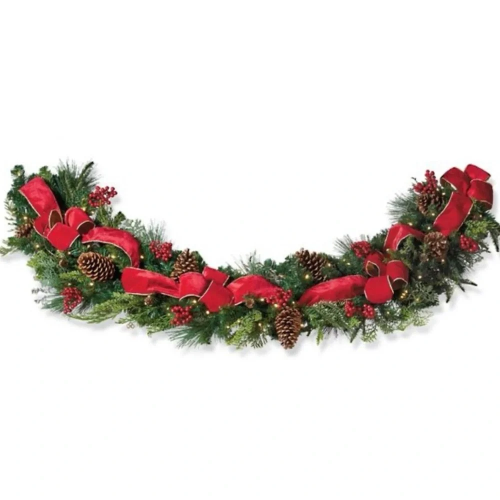 Frontgate Holiday Pine Garland with Red Bows - NWT